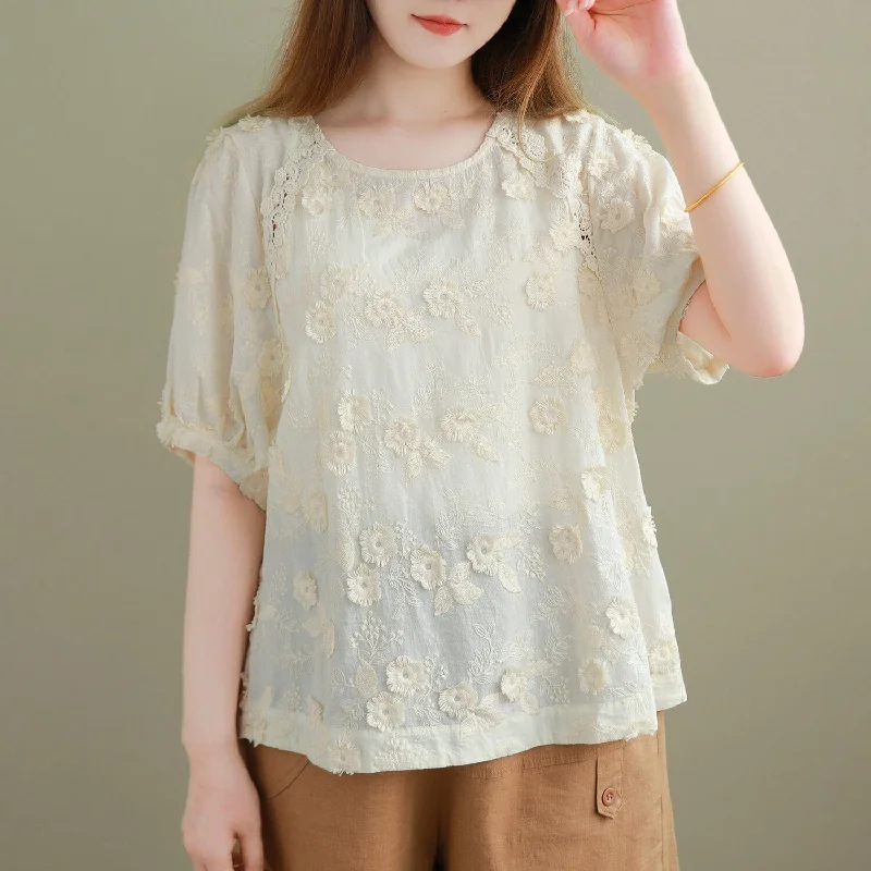 Summer Retro Casual Solid Floral Embroidery Tops