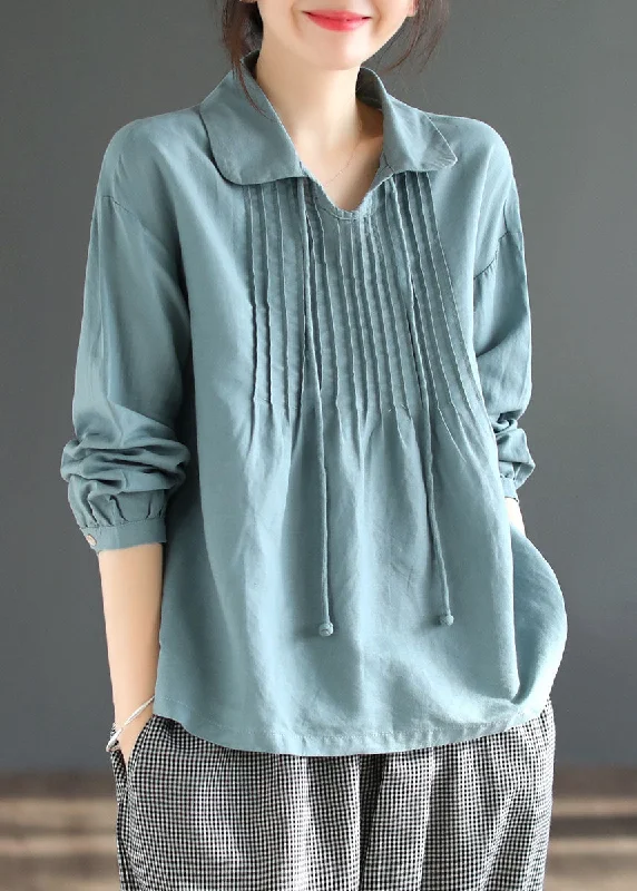 Blue Patchwork Cotton Shirt Tops Peter Pan Collar Wrinkled Long Sleeve