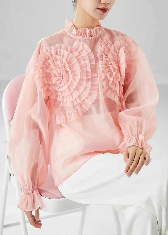 Elegant Pink Ruffled Floral Chiffon Blouses Summer