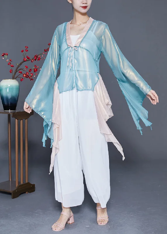 Art Light Blue Asymmetrical Patchwork Silk Top Flare Sleeve