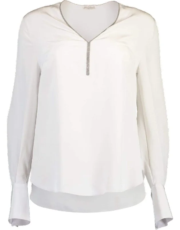 Monili V-Neck Silk Long Sleeve Top