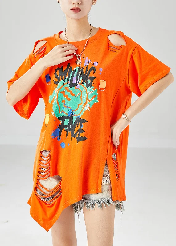 Orange Hollow Out Cotton Ripped Tank Oversized Print Summer