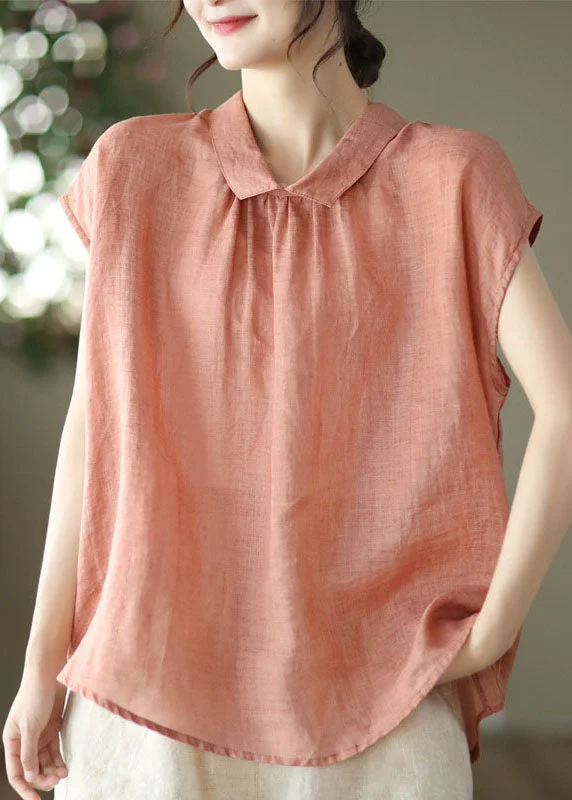 Women Orange Peter Pan Collar Patchwork Linen Blouses Summer