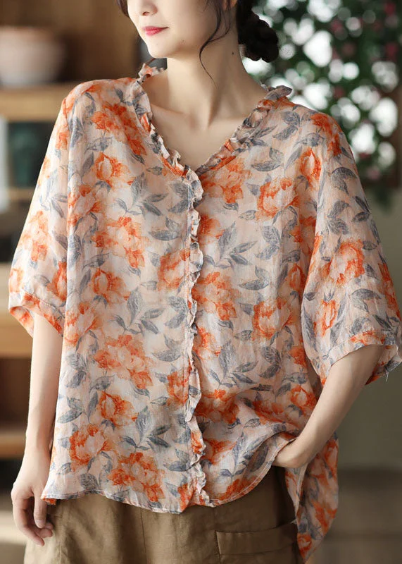 Bohemian Orange Ruffled Print Patchwork Linen Blouses Summer