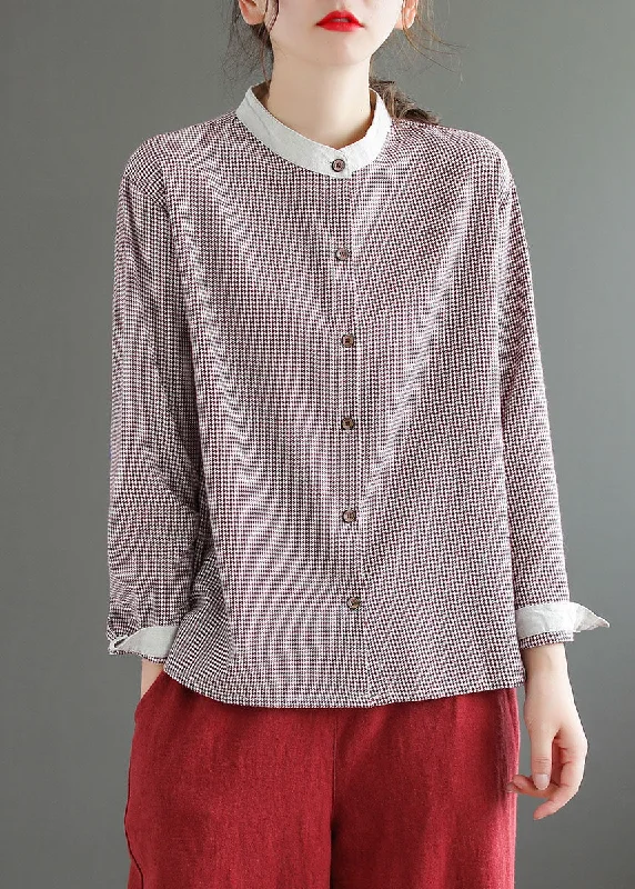 Red Plaid Patchwork Cotton Blouse Top Button Long Sleeve