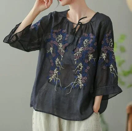 Women Retro Loose Embroidery Linen Blouse Half Sleeve