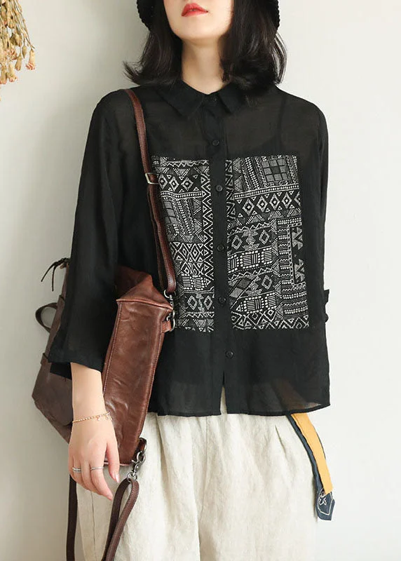 Women Black Peter Pan Collar Geometric Patchwork Linen Blouse Top Bracelet Sleeve