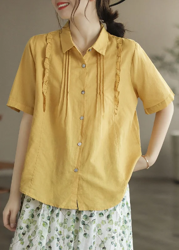 Women Yellow Peter Pan Collar Ruffled Patchwork Cotton Blouses Summer