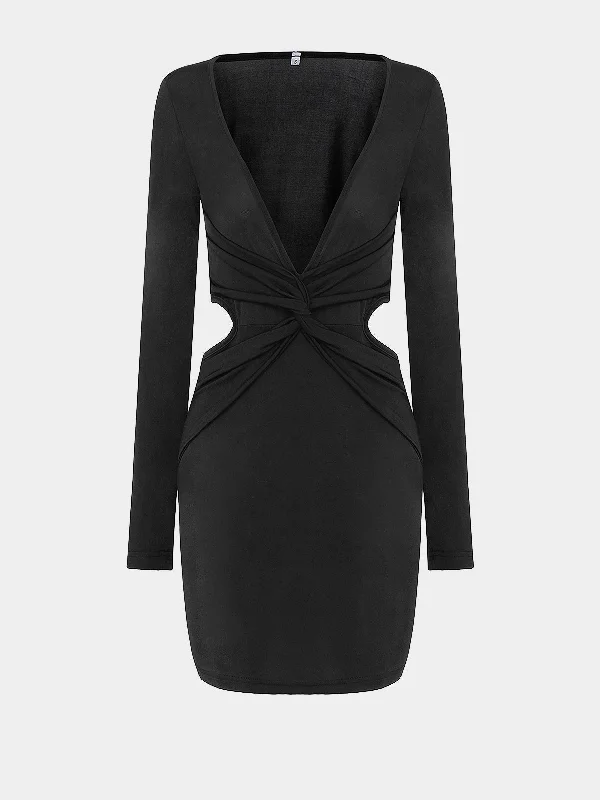 Wholesale Black V-Neck Long Sleeve Cut Out Bodycon Hem Mini Dress