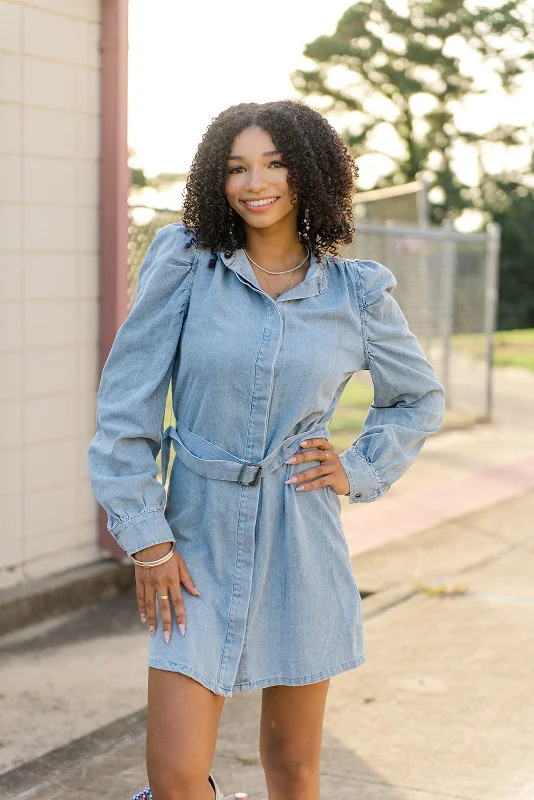 Light Wash Belted Denim Dress