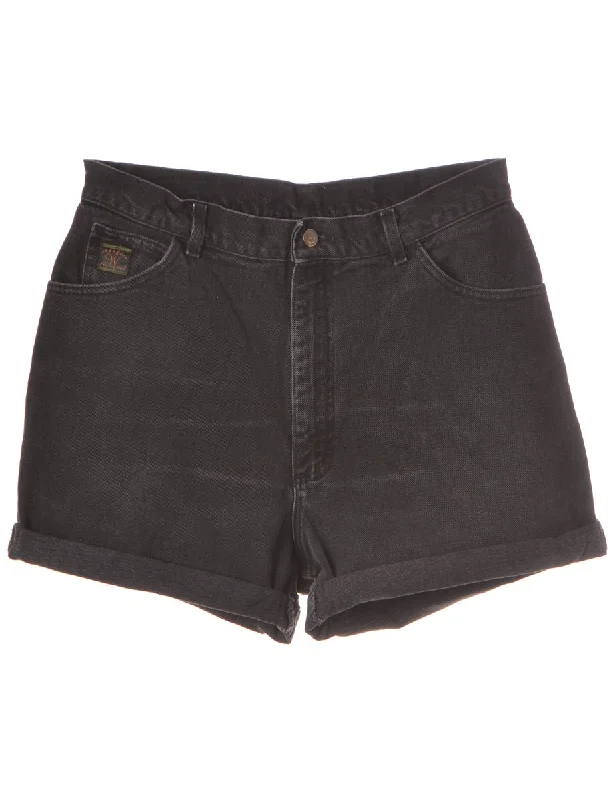 Label Rolled Hem Black Denim Shorts