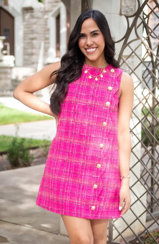 Picture Perfect Plaid Gold Button Dress- 2 Colors