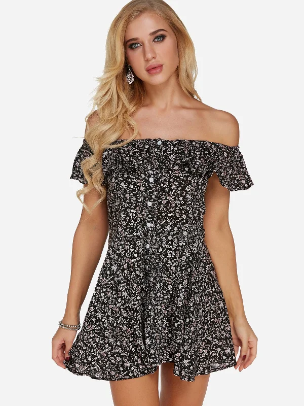 Wholesale Black Off The Shoulder Floral Print Mini Dress