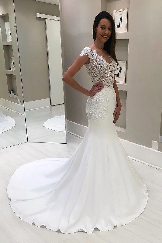 Long V-Neck Mermaid Cap Sleeves White Wedding Gown with Court Train