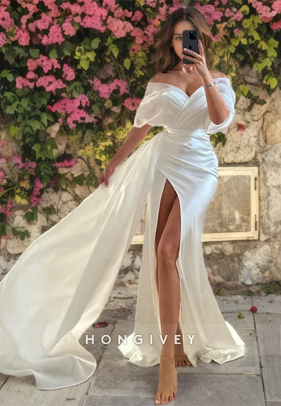 Satin Trumpet Off-Shoulder Ruched With Side Slit Train Wedding Dress