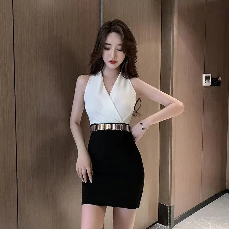 Sixsr Summer New Sexy V-neck Design Party Sleeveless Short Skirt Slim Fit Workplace HIP WRAP A-line Dress For Women