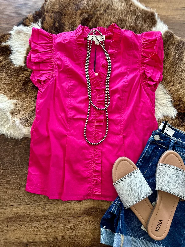 Hot Pink V-Neck Ruffle Sleeve Top