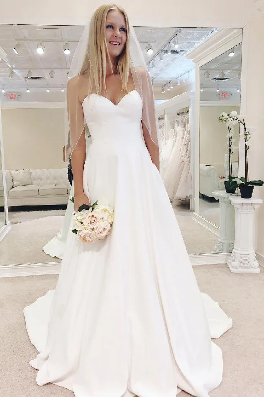 Simple Long Sweetheart A-line White Bridal Dress