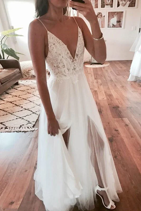 Long Spaghetti Strap A-line V-Neck White Wedding Dress with Lace