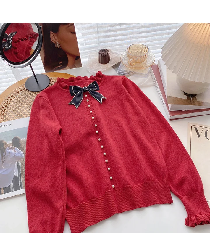 Korean bow round neck design retro nail bead Lace Long Sleeve Top  6038