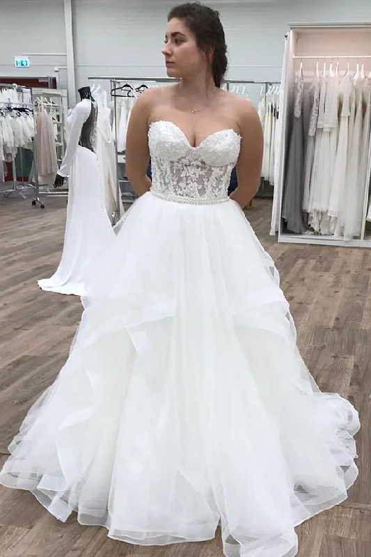 Long Ruffles A-line Sweetheart White Wedding Dress