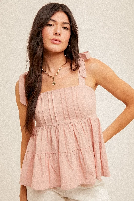 Dusty Pink Square Neck Tie Shoulder Smocked Babydoll Tank