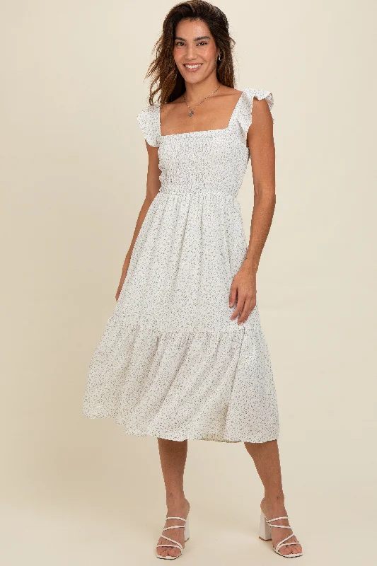 Cream Ruffle Strap Smocked Mid Dress