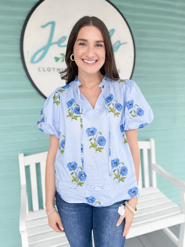 The Jared Floral Puff Sleeve Top-Blue