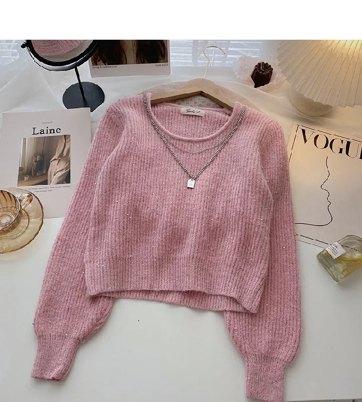 Vintage design chain round neck Pullover long sleeve Sequin Knitted Top  6010