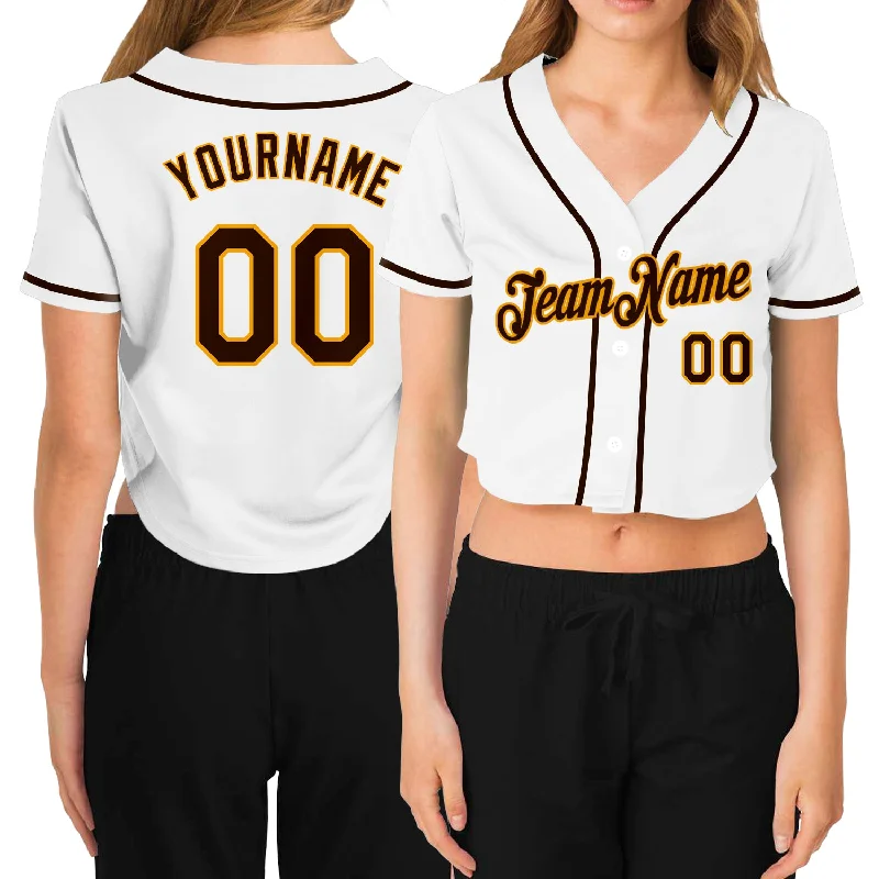 Custom Women's White Brown-Gold V-Neck Cropped Baseball Jersey