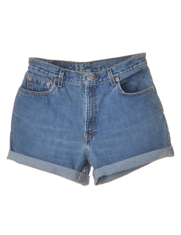 Label Rolled Hem Medium Wash Denim Shorts