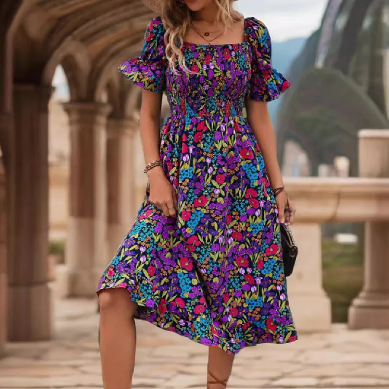 popular  Hot Trade Women's Clothing   Shoulder Horn Sleeve Medium and Long Dress Printed Short Sleeve Dress