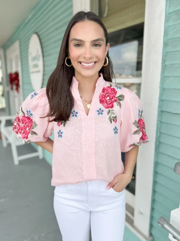 (THML) The Nina Floral Embroidered Puff Sleeve Top-Pink