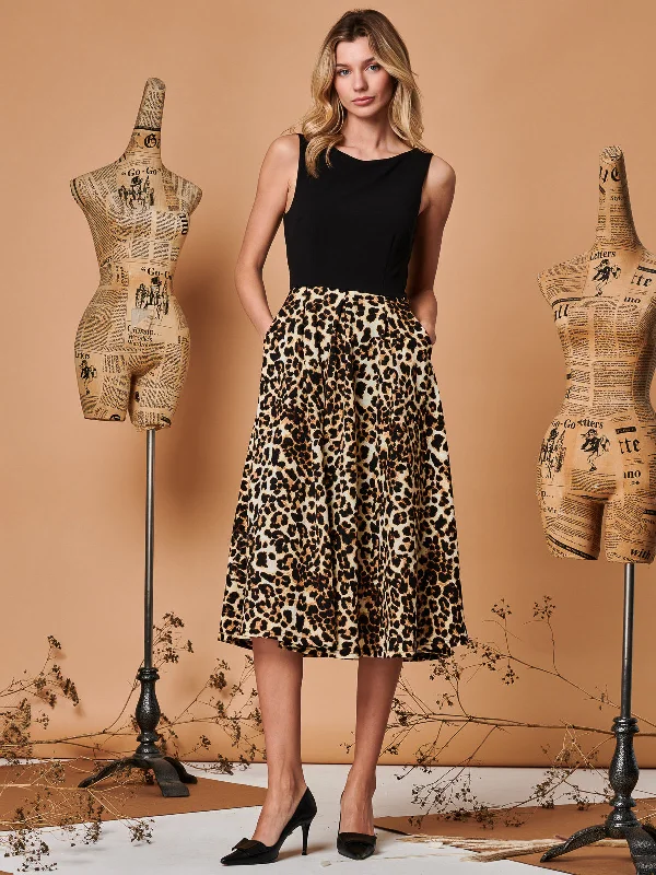 Two Tone Contrast Print Midi Dress, Animal Multi