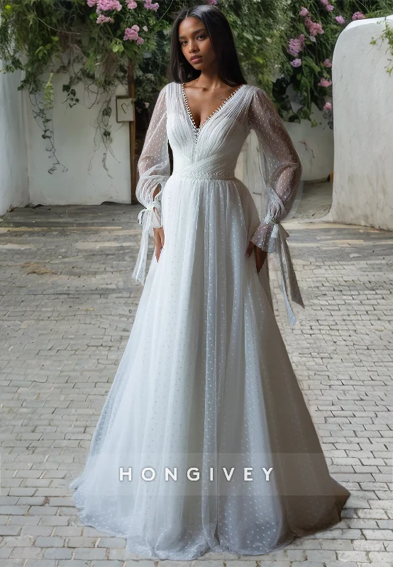 Tulle A-Line V-Neck Long Sleeve Boho Wedding Dress