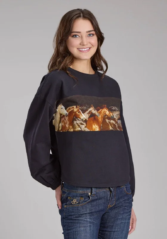 Roper Womens Running Horses Black 100% Cotton Sweatshirt