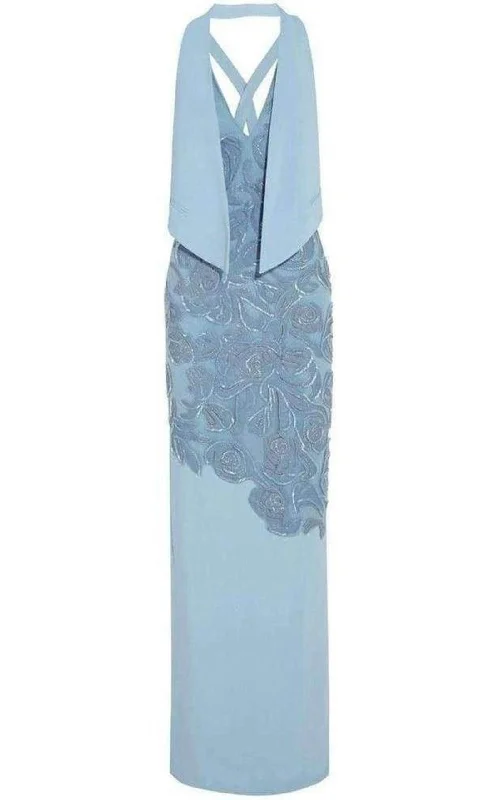 Blue Leather Cutout Lace Embellished Gown