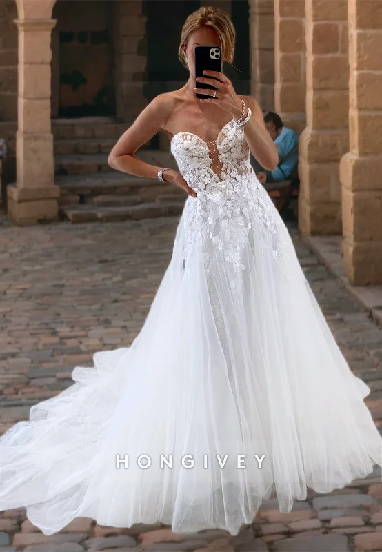 Sweetheart Strapless Lace Applique Illusion Tulle A-Line Beach Wedding Dress