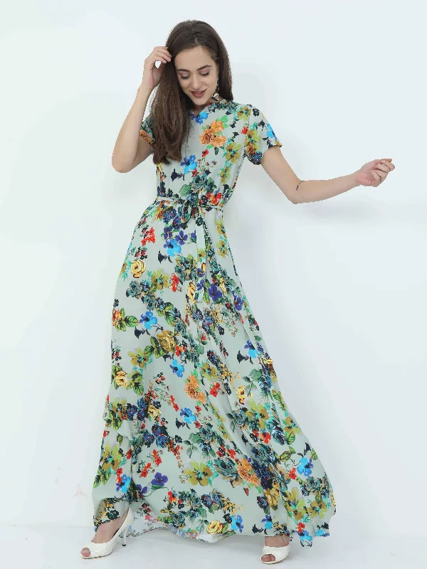 Multicolored Digital Print Fit & Flare Maxi Dress