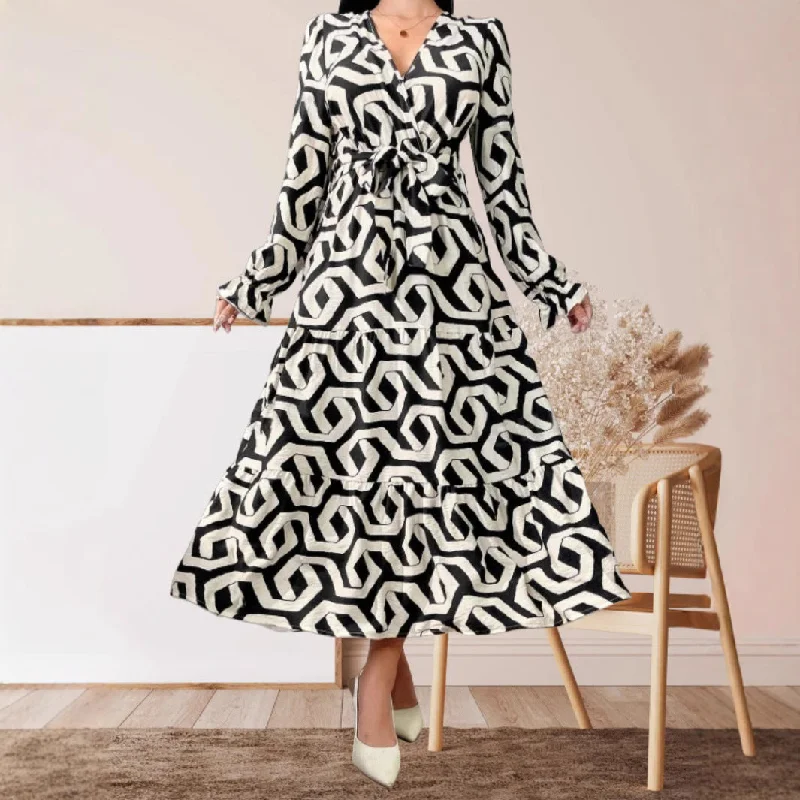 Hot Trade 2025 Women's Clothing popular Autumn and Winter Geometric Printing Lotus Edge Long Sleeve Dress