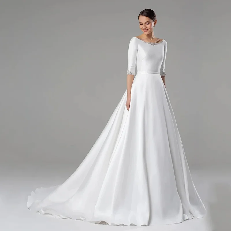 Beaded Neckline Half Sleeves Satin A Line Wedding Dress