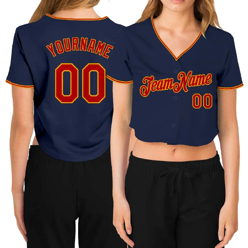 Custom Women's Navy Red-Gold V-Neck Cropped Baseball Jersey