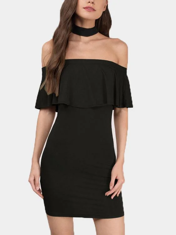 Wholesale Black Off The Shoulder Short Sleeve Backless Mini Dress