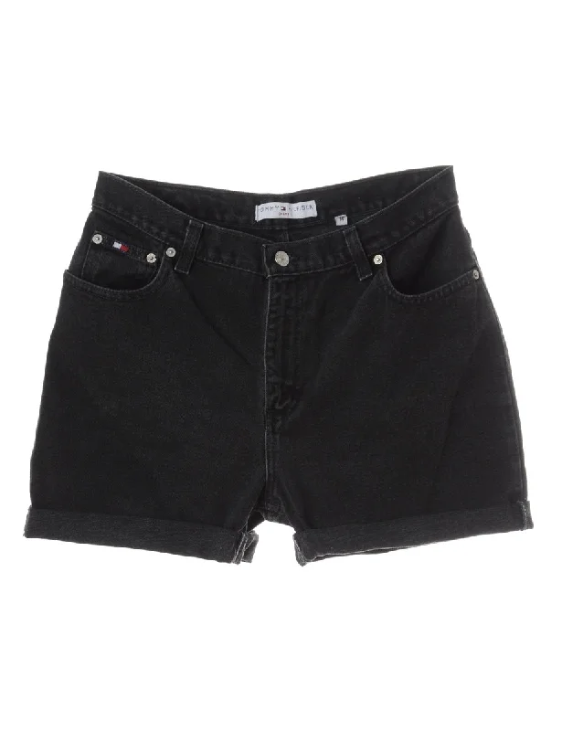 Label Rolled Hem Black Denim Shorts