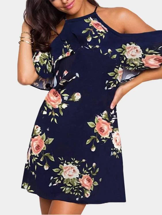 Wholesale Black Short Sleeve Floral Print Cut Out Mini Dress