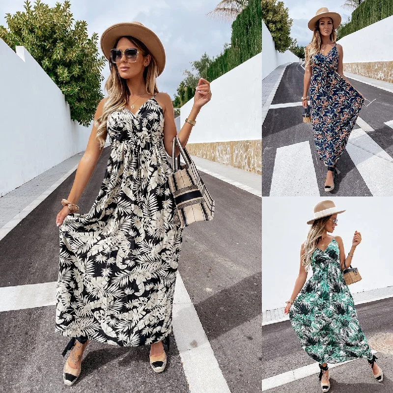 Popular trade 2025 women's clothing popular summer  v-neck sleeveless suspender printed bohemian dress