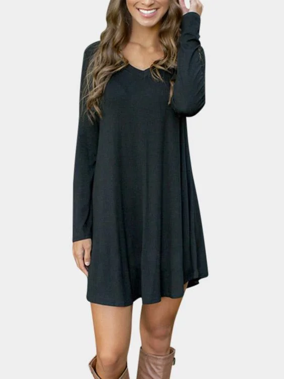 Wholesale Black V-Neck Long Sleeve Plain Fashion Mini Dress