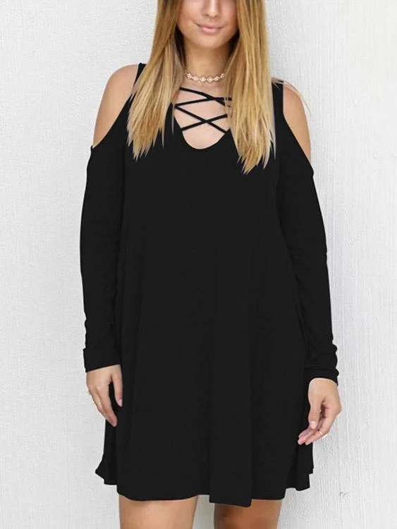 Wholesale Black V-Neck Long Sleeve Plain Crossed Front Mini Dress