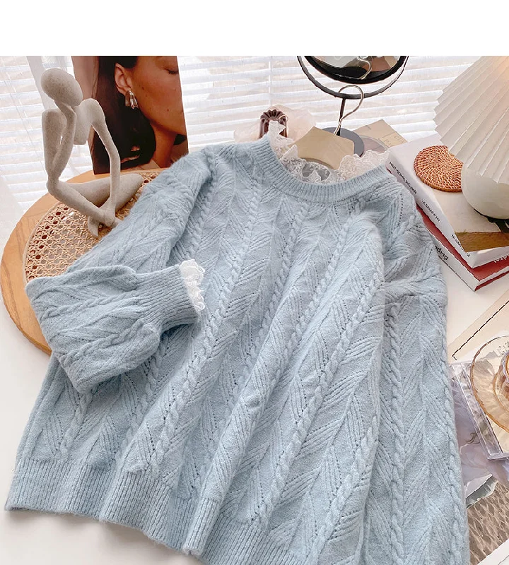 Sweet retro lace edge long sleeve Pullover thin loose top  6020