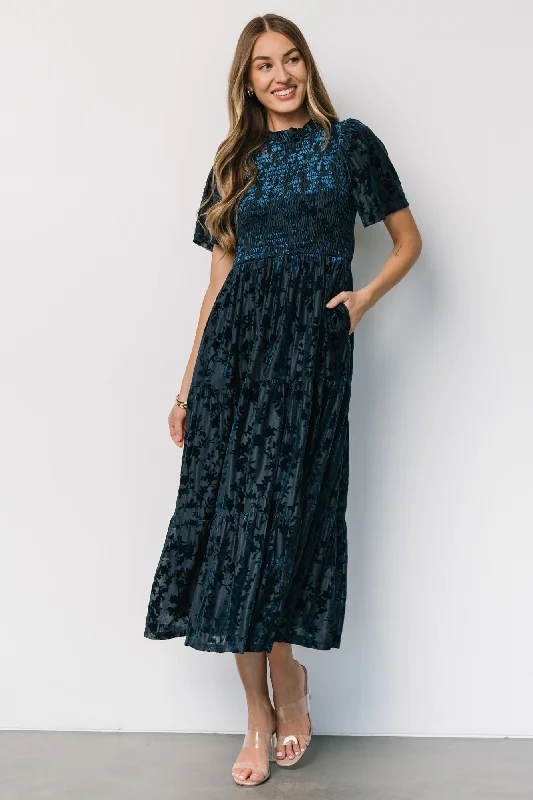 Callen Smocked Velvet Dress | Deep Blue